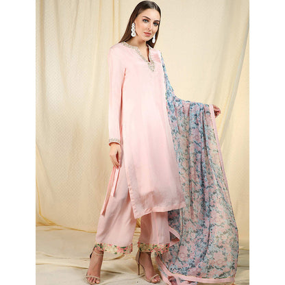Nikasha Light Pink Embellished Long Sleeves Kurta And Palazzo With Dupatta (Set of 3)
