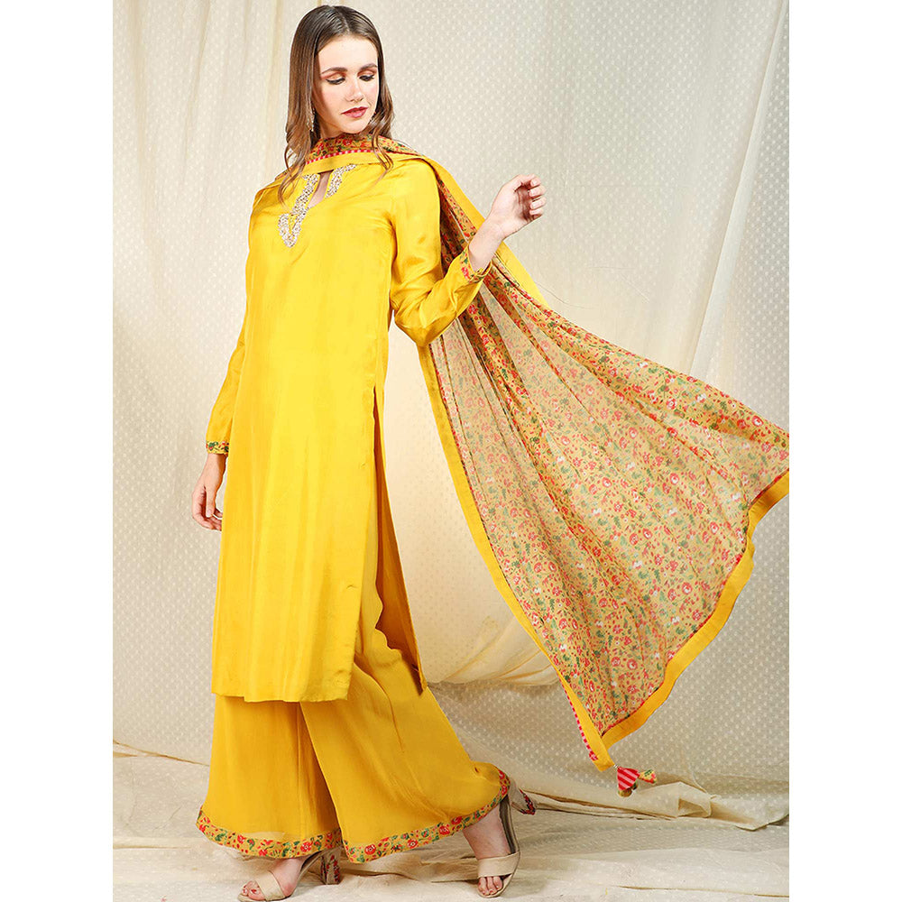 Nikasha Yellow Embellished Long Sleeves Kurta And Palazzo With Dupatta (Set of 3)