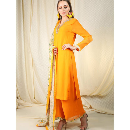 Nikasha Orange Embellished Long Sleeves Kurta And Palazzo With Dupatta (Set of 3)