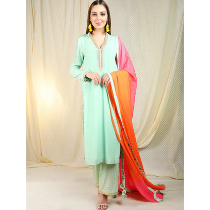 Nikasha Sea Green Embellished Long Sleeves Kurta And Palazzo With Dupatta (Set of 3)