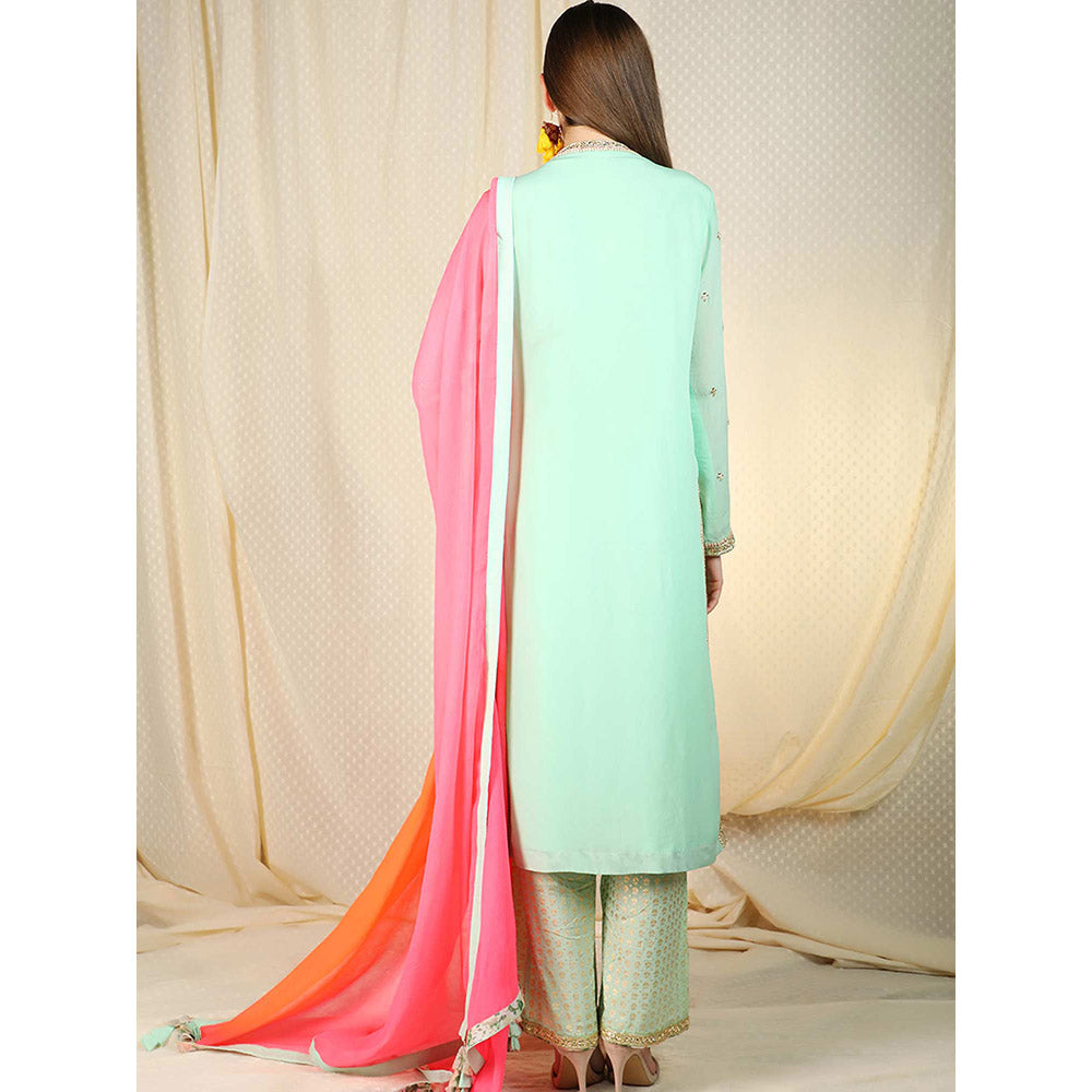 Nikasha Sea Green Embellished Long Sleeves Kurta And Palazzo With Dupatta (Set of 3)