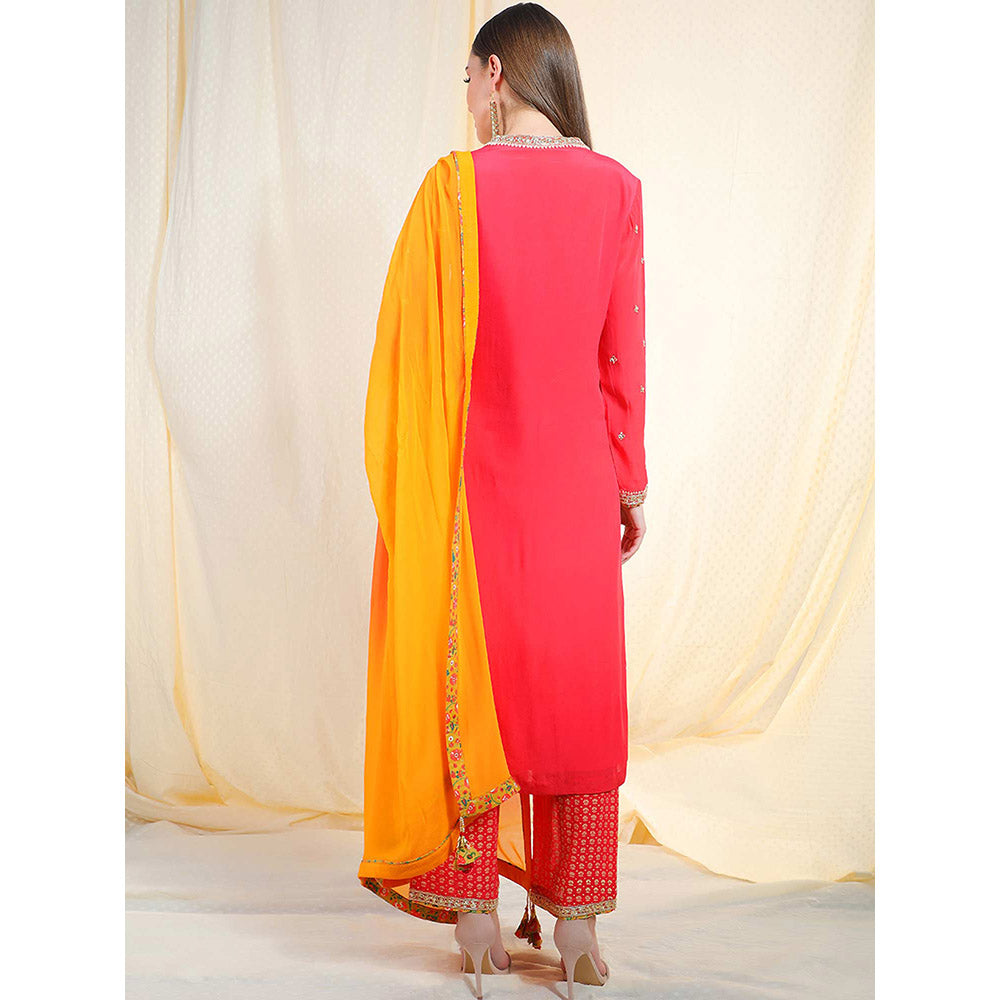 Nikasha Coral Embellished Long Sleeves Kurta And Palazzo With Dupatta (Set of 3)
