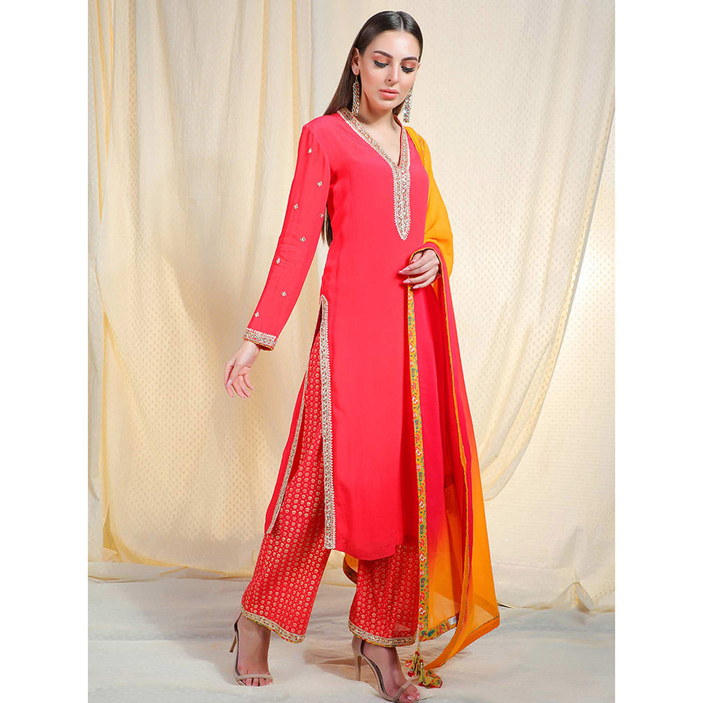 Nikasha Coral Embellished Long Sleeves Kurta And Palazzo With Dupatta (Set of 3)