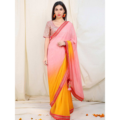 Nikasha Pink Mirror Work Embellished Saree With Stitched Blouse