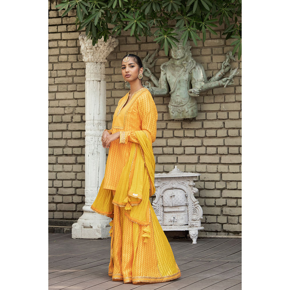 Nikasha Yellow Woven Kurta With Sharara Pants & Dupatta (Set of 3)