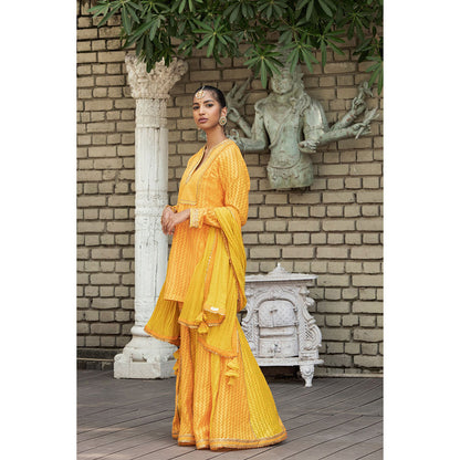 Nikasha Yellow Woven Kurta With Sharara Pants & Dupatta (Set of 3)