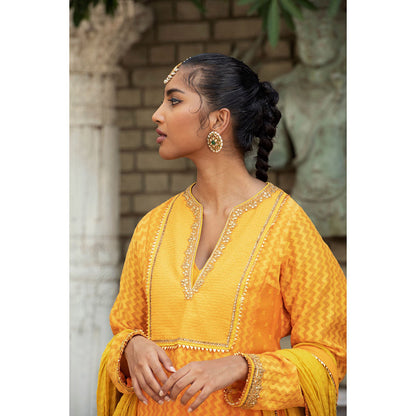 Nikasha Yellow Woven Kurta With Sharara Pants & Dupatta (Set of 3)
