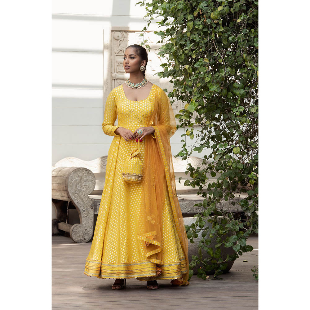 Nikasha Yellow Printed Anarkali Kurta With Churidar & Dupatta (Set of 3)