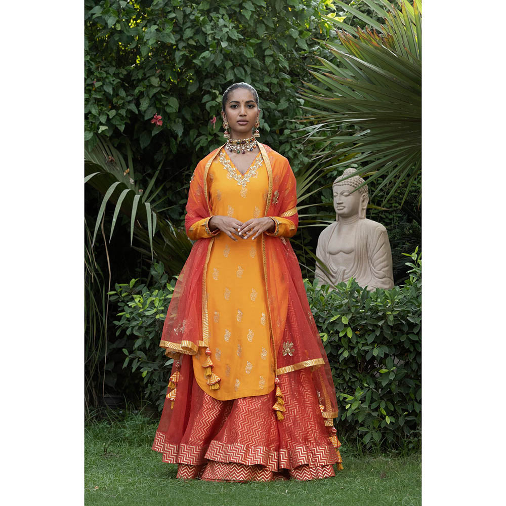 Nikasha Yellow Printed Kurta With Lehenga & Dupatta (Set of 3)