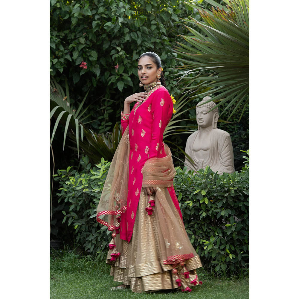 Nikasha Pink Printed Kurta With Lehenga & Dupatta (Set of 3)