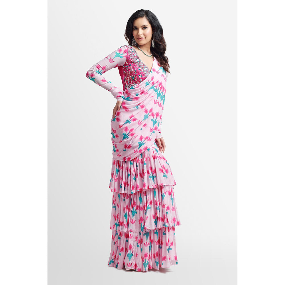 Nikkie J Mysha Printed Embellished Pre Drape Saree with Stitched Blouse