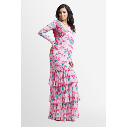 Nikkie J Mysha Printed Embellished Pre Drape Saree with Stitched Blouse