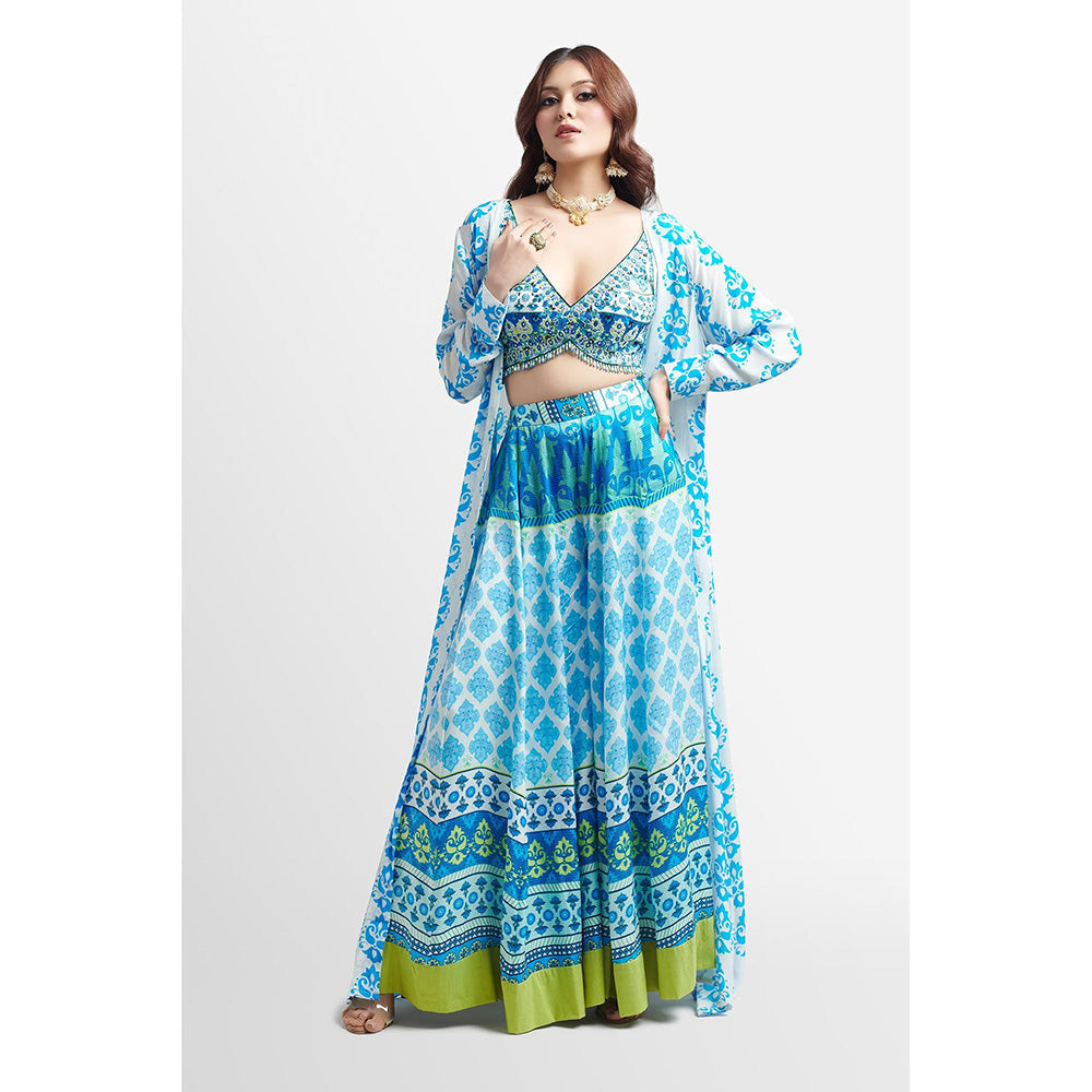 Nikkie J Amara Printed Embellished Blouse with Lehenga and Jacket (Set of 3)