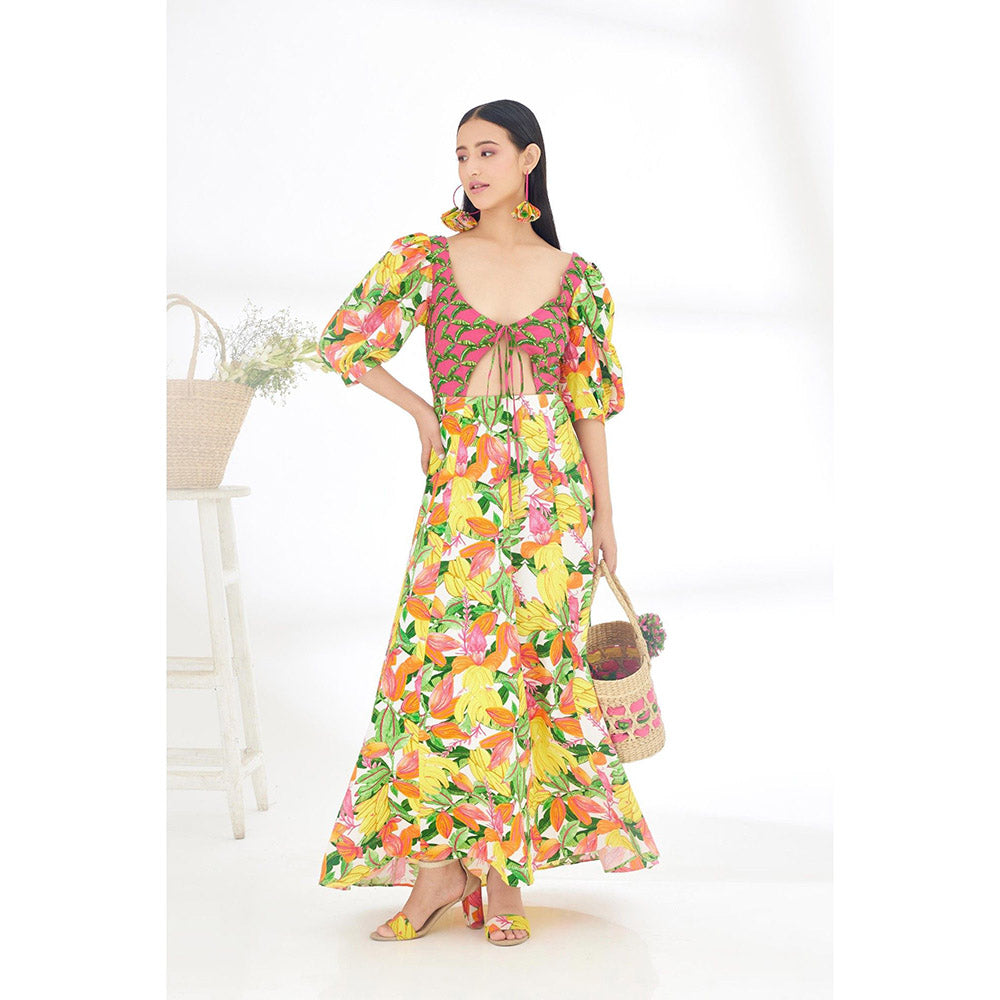 Nikasha Multi-Color Hand Painted Banana Fruit Print Cut Out Dress