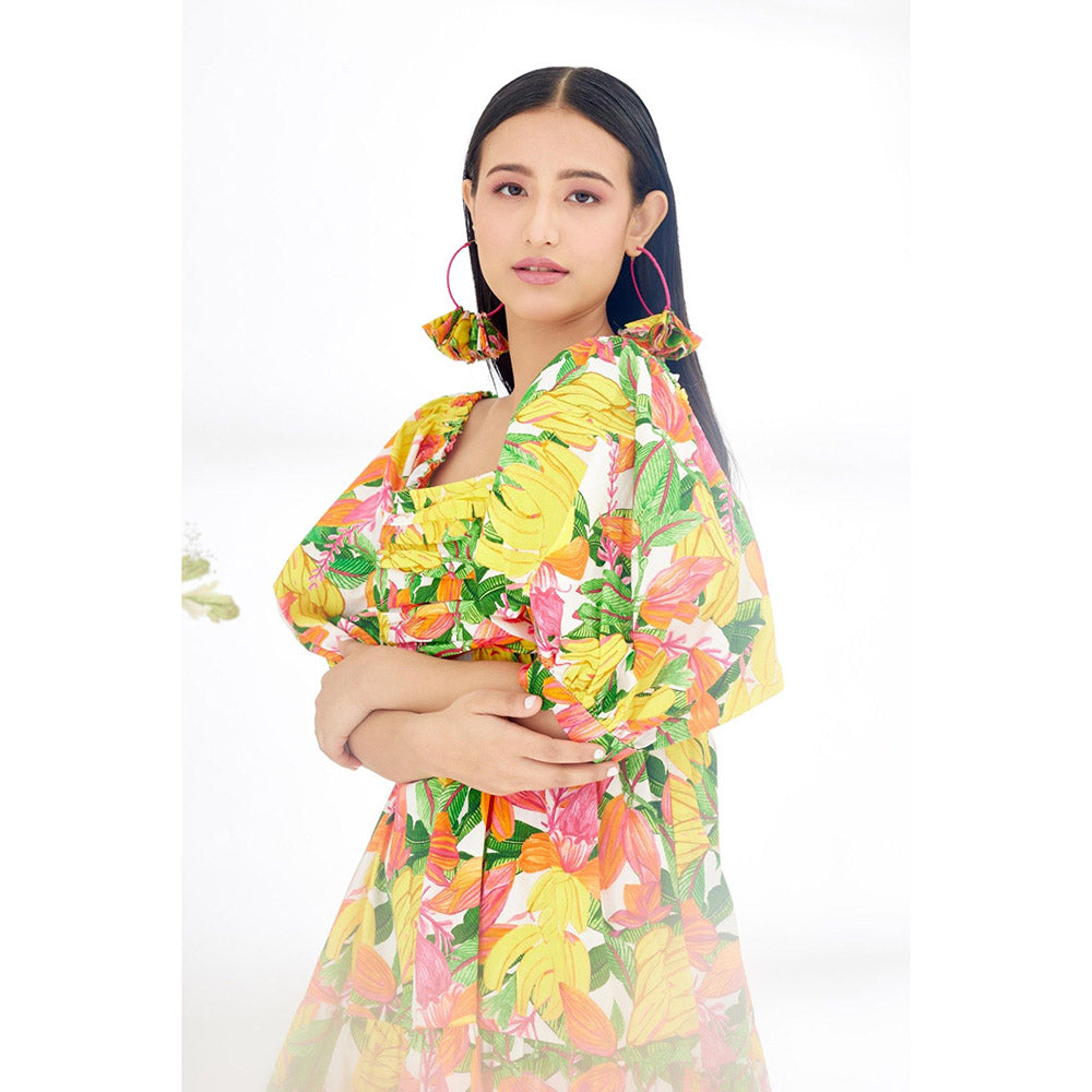 Nikasha Multi-Color Hand Painted Banana Fruit Print Balloon Sleeve Dress