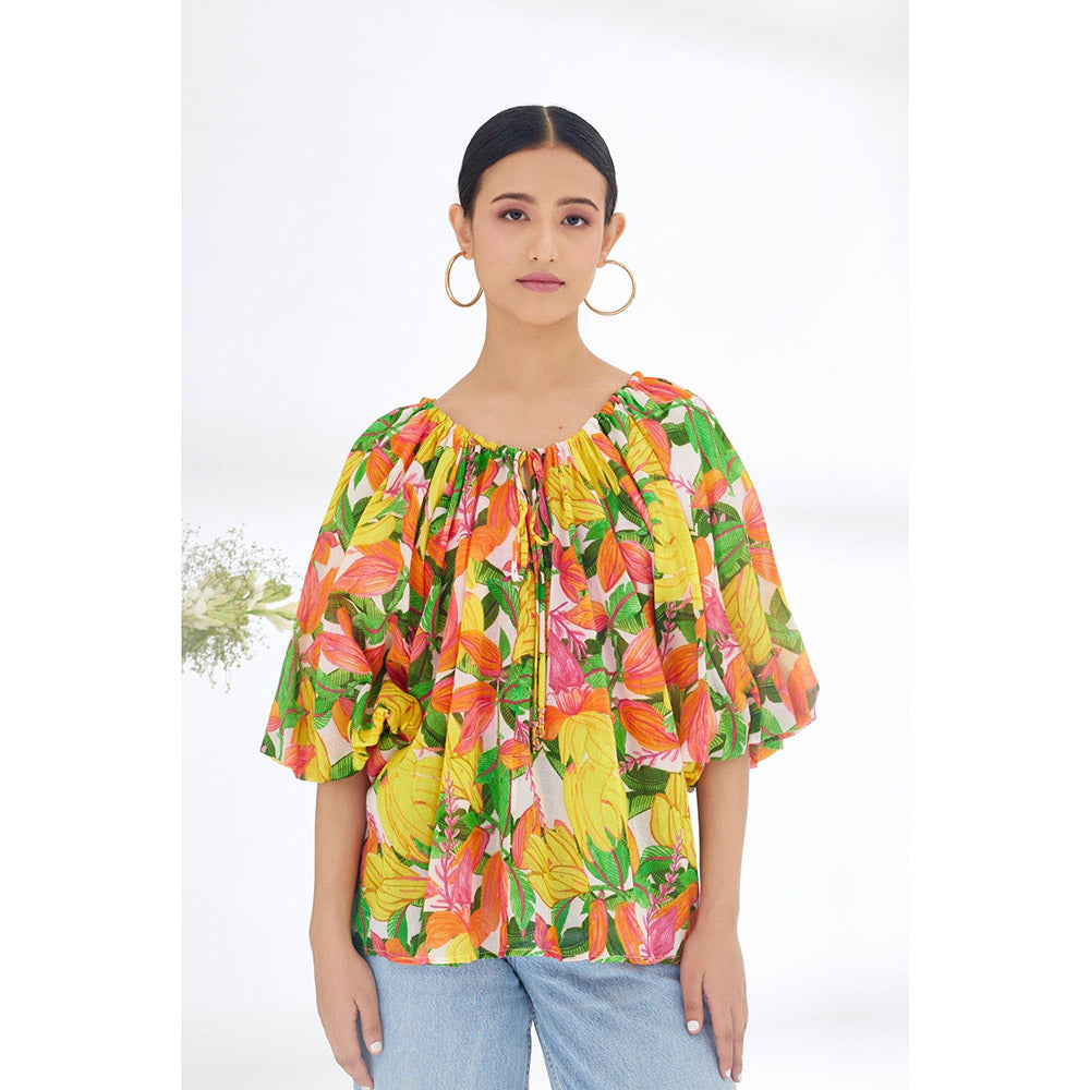 Nikasha Multi-Color Hand Painted Banana Fruit Print Front Knot Top