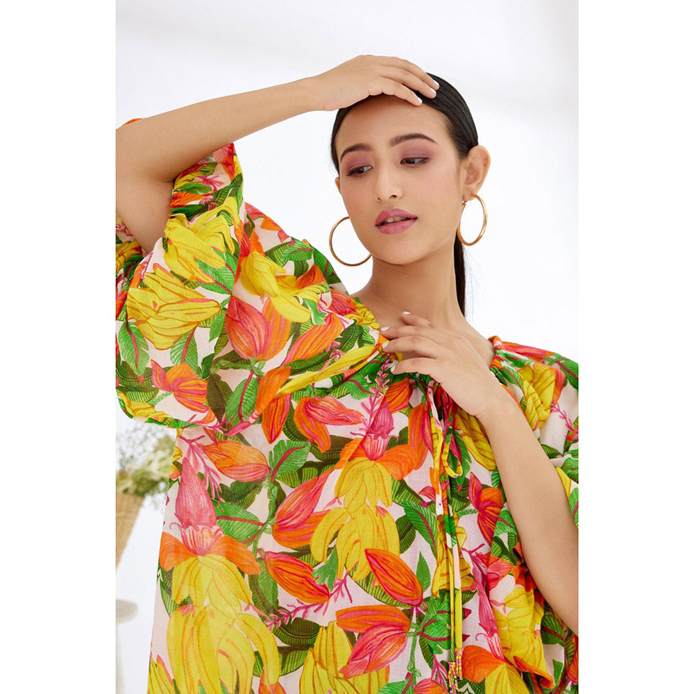 Nikasha Multi-Color Hand Painted Banana Fruit Print Front Knot Top