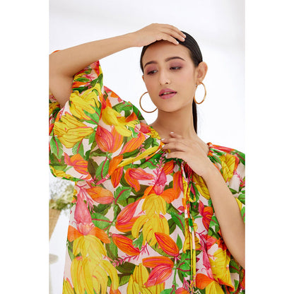 Nikasha Multi-Color Hand Painted Banana Fruit Print Front Knot Top