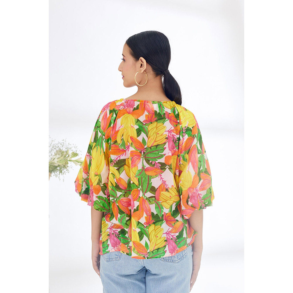 Nikasha Multi-Color Hand Painted Banana Fruit Print Front Knot Top