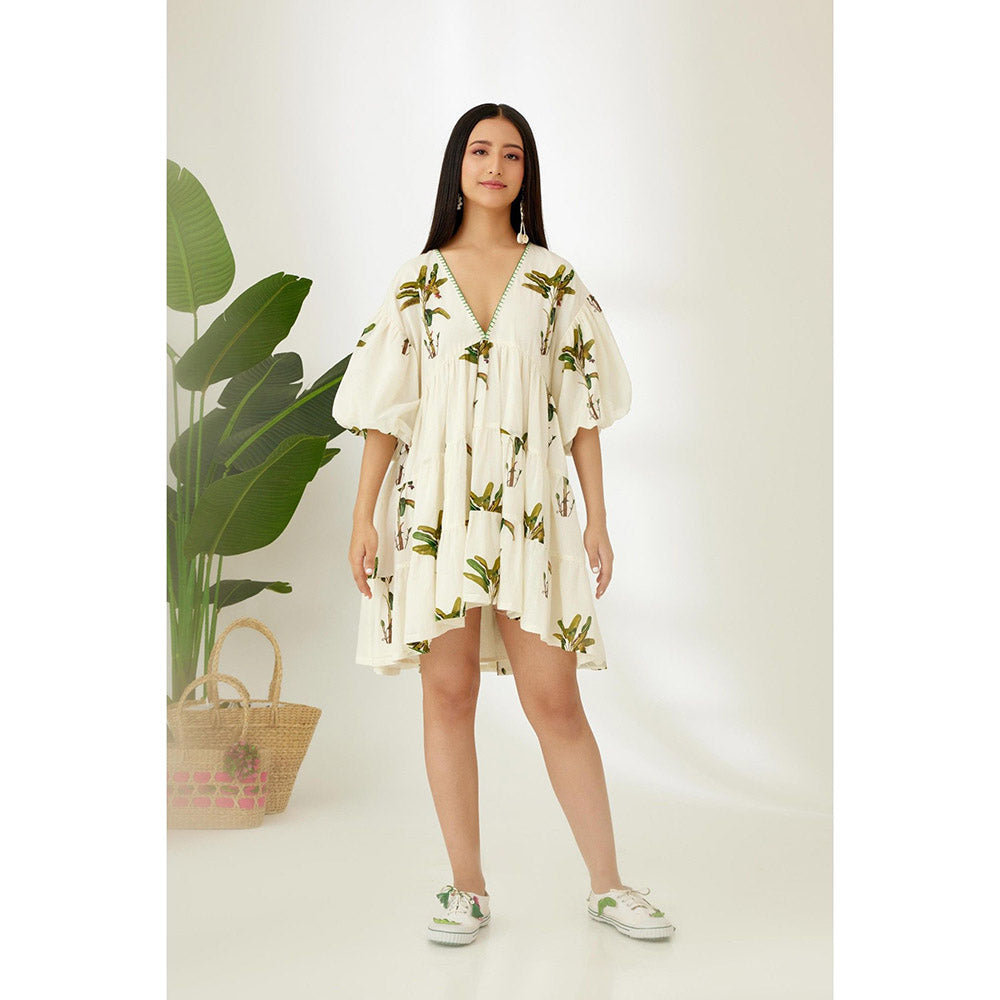 Nikasha Off White Hand Painted Banana Tree Print Tier Dress