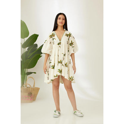 Nikasha Off White Hand Painted Banana Tree Print Tier Dress