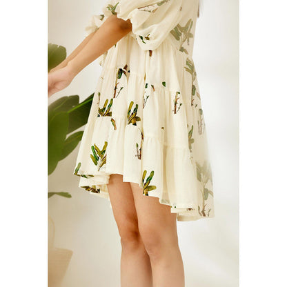 Nikasha Off White Hand Painted Banana Tree Print Tier Dress