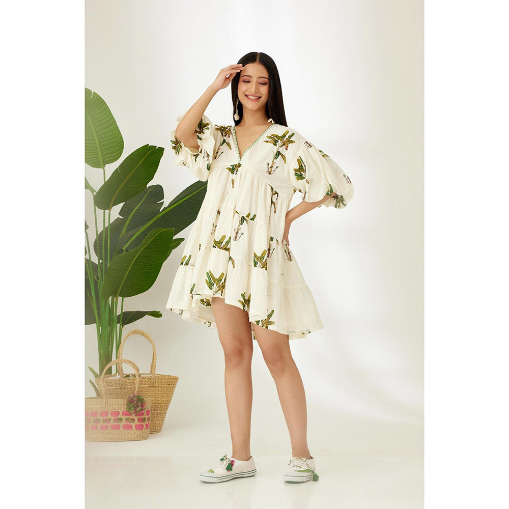 Nikasha Off White Hand Painted Banana Tree Print Tier Dress