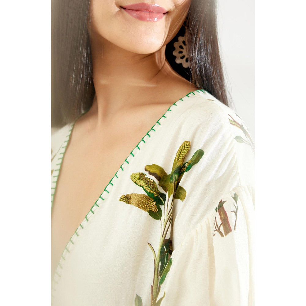 Nikasha Off White Hand Painted Banana Tree Print Tier Dress