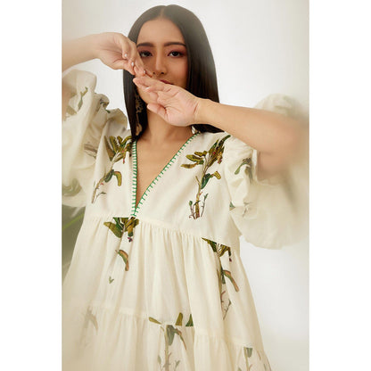 Nikasha Off White Hand Painted Banana Tree Print Tier Dress