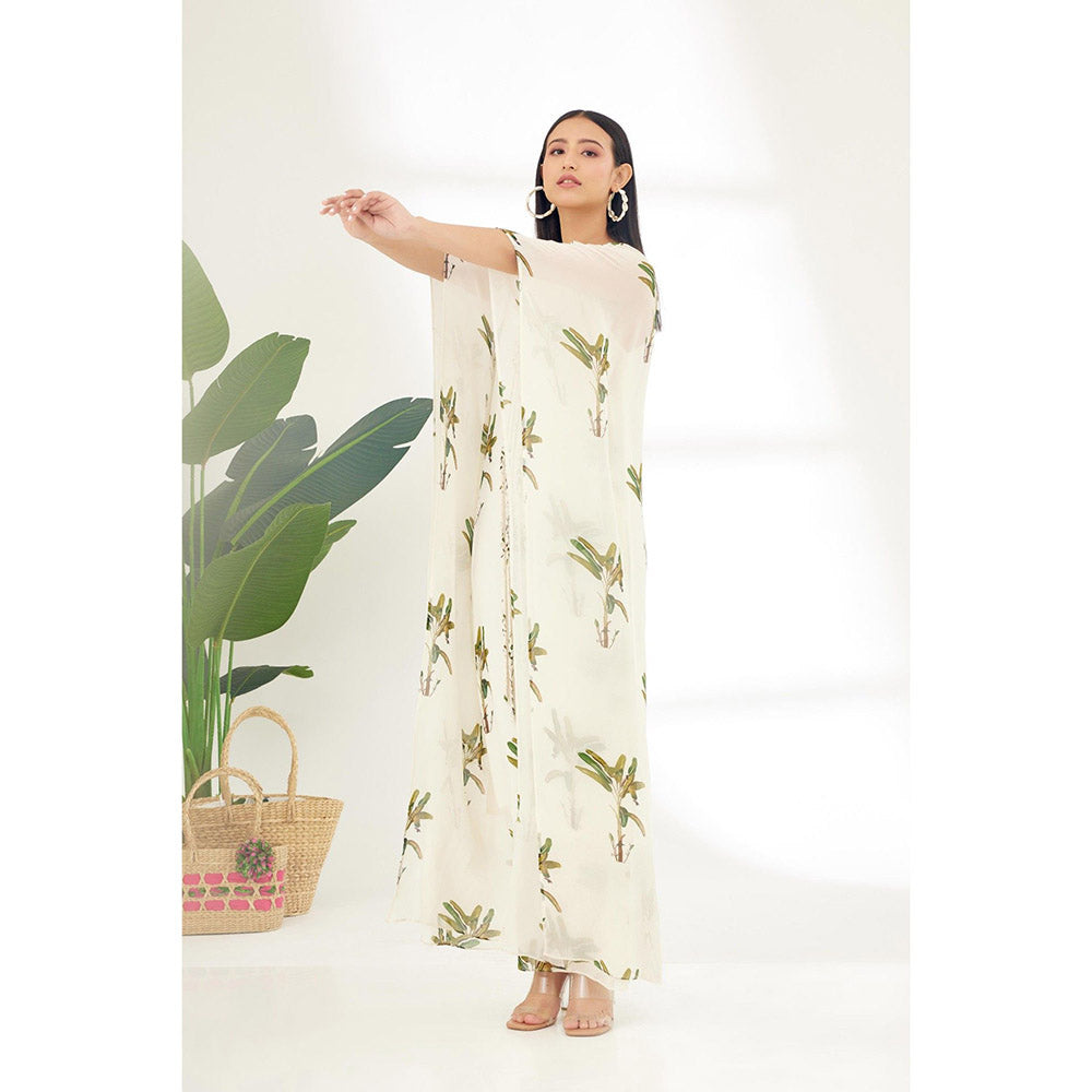 Nikasha Off White Hand Painted Banana Tree Print Maxi Dress with Tassels
