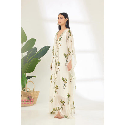 Nikasha Off White Hand Painted Banana Tree Print Maxi Dress with Tassels