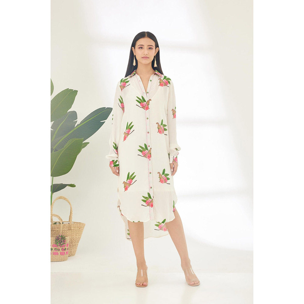 Nikasha Off White Hand Painted Cheetah Print Shirt Midi Dress