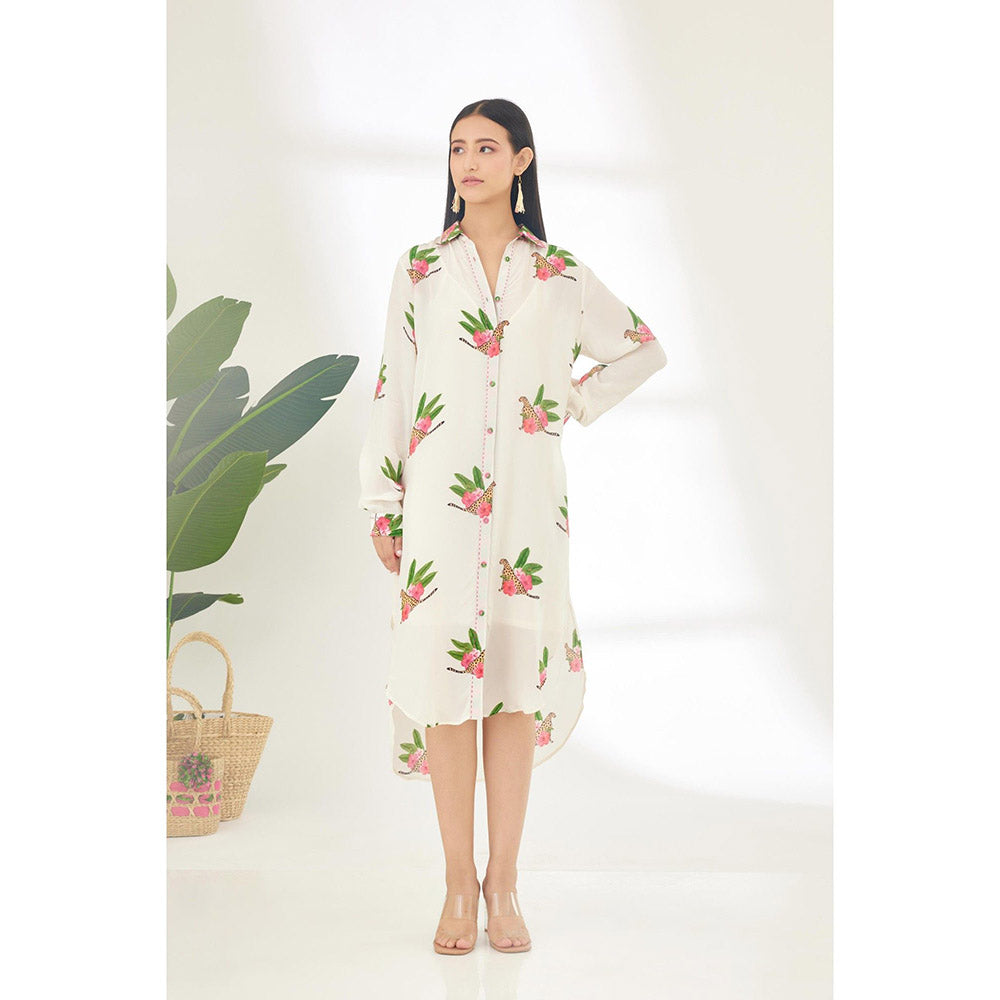 Nikasha Off White Hand Painted Cheetah Print Shirt Midi Dress