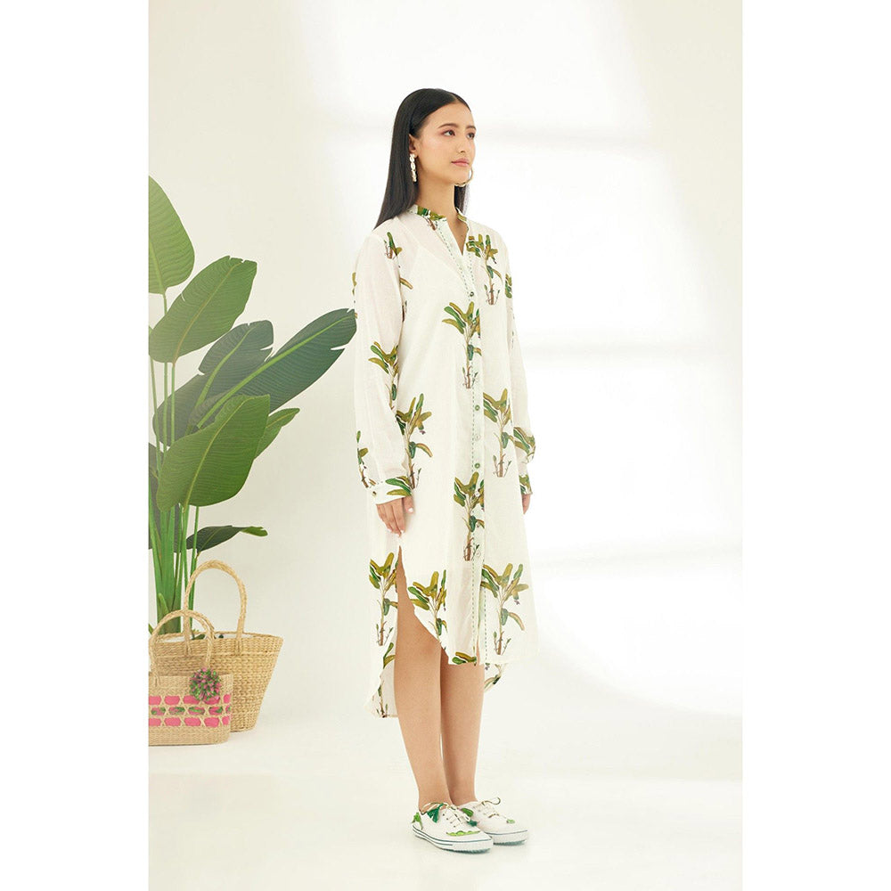 Nikasha Off White Hand Painted Banana Tree Print Shirt Midi Dress