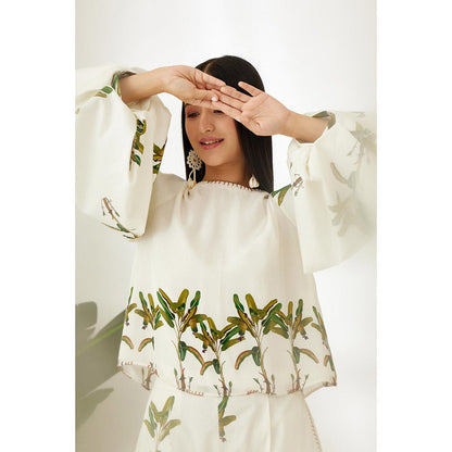 Nikasha Off White Hand Painted Banana Tree Print Top