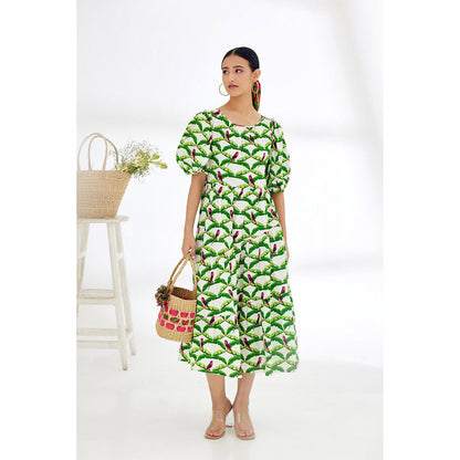 Nikasha Off White & Green Hand Painted Parakeet Print Tier Dress