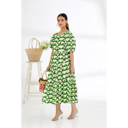 Nikasha Off White & Green Hand Painted Parakeet Print Tier Dress