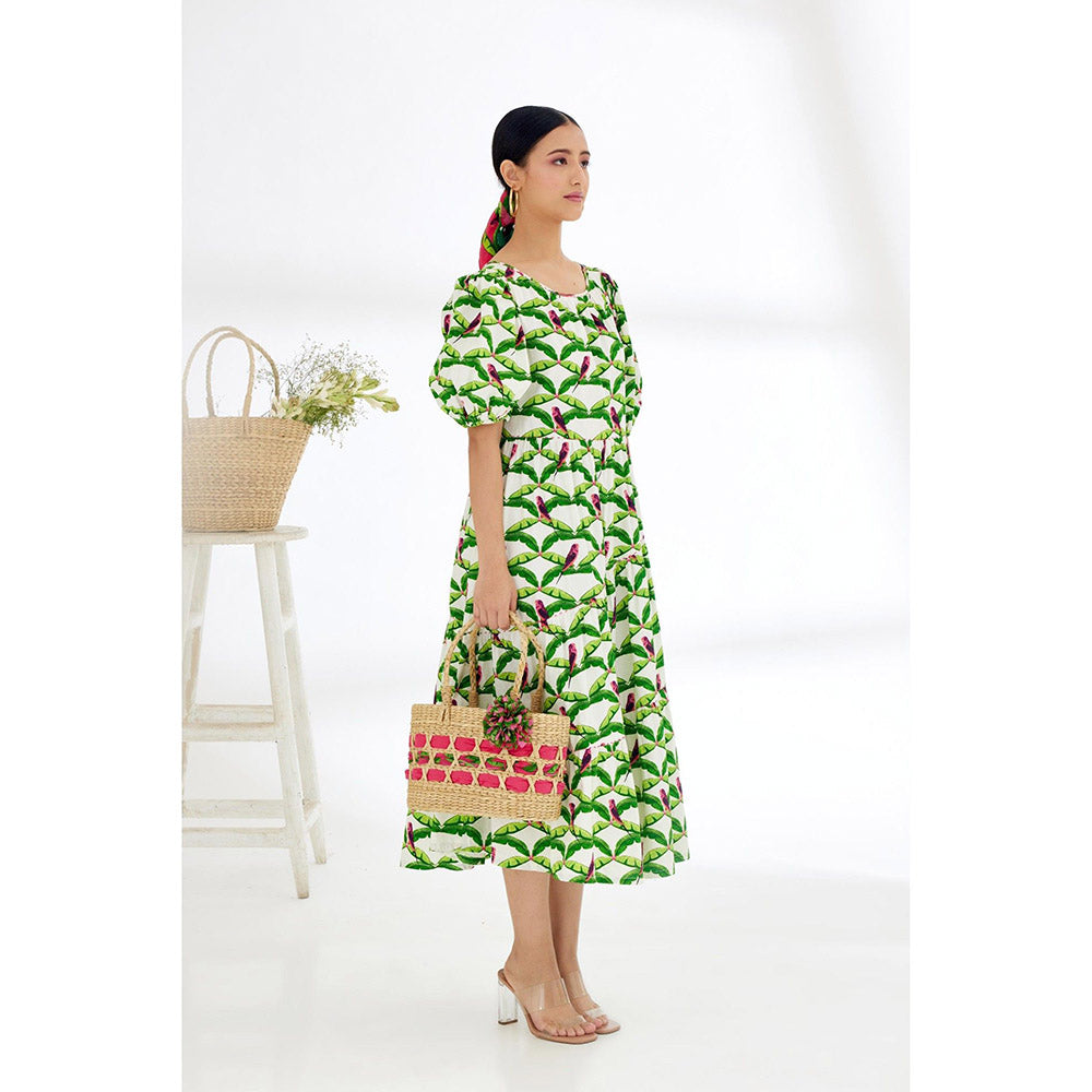 Nikasha Off White & Green Hand Painted Parakeet Print Tier Dress
