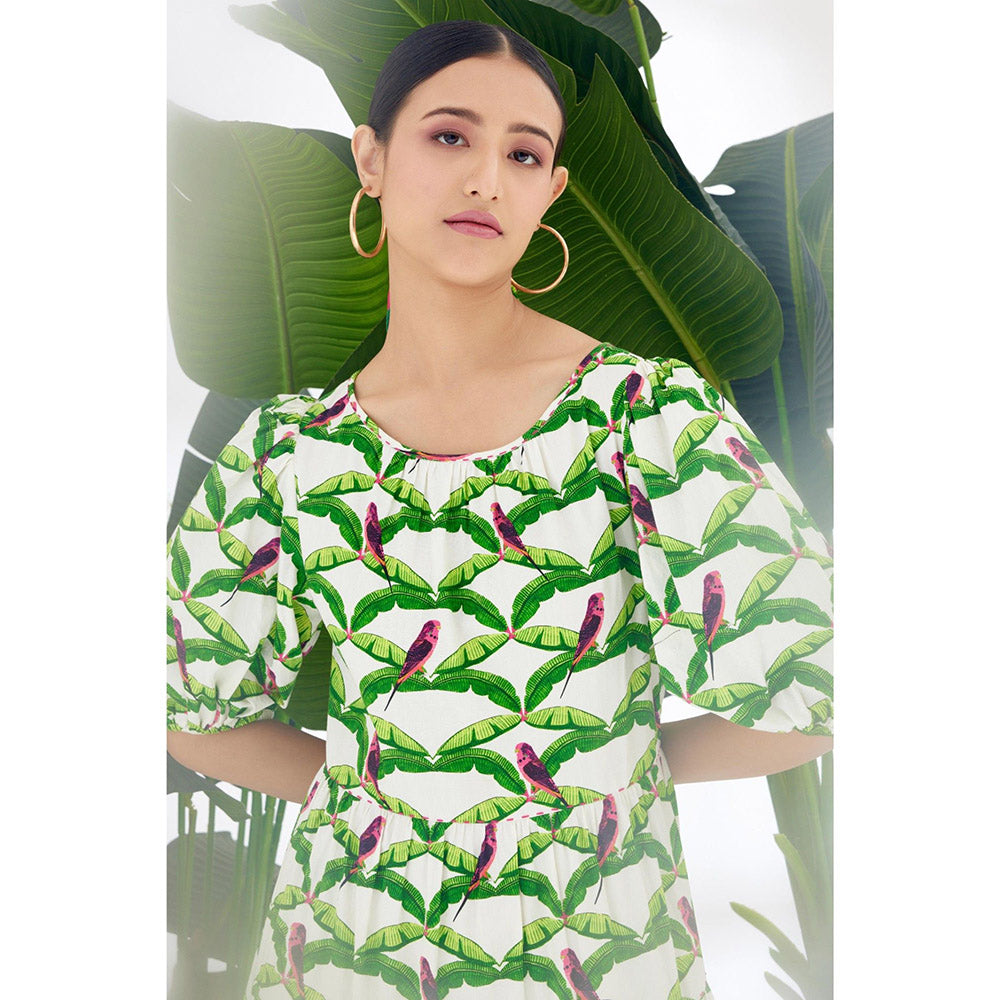 Nikasha Off White & Green Hand Painted Parakeet Print Tier Dress