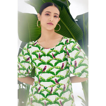 Nikasha Off White & Green Hand Painted Parakeet Print Tier Dress