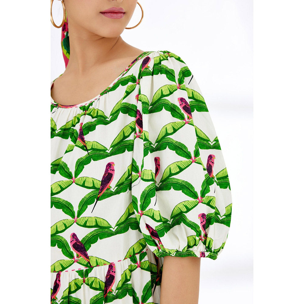 Nikasha Off White & Green Hand Painted Parakeet Print Tier Dress