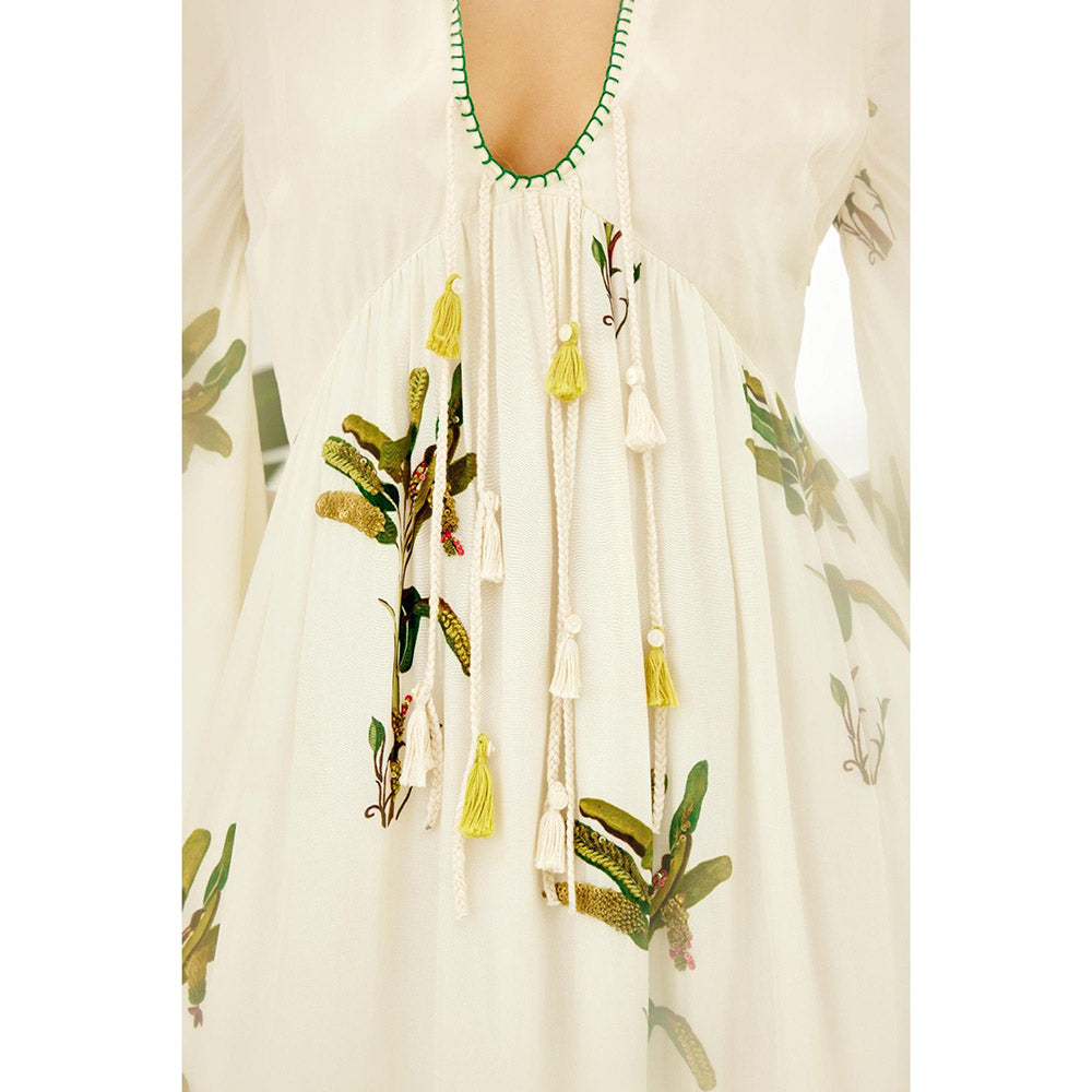 Nikasha Off White Hand Painted Banana Tree Print Dress