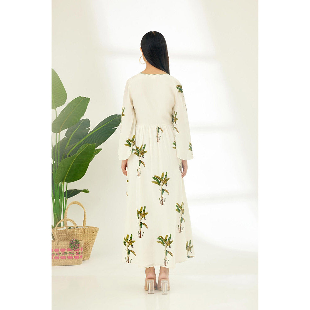 Nikasha Off White Hand Painted Banana Tree Print Dress