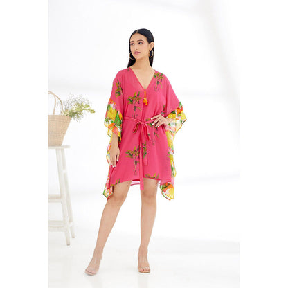 Nikasha Fuchsia Hand Painted Banana Tree Print Mini Dress with Belt (Set of 2)