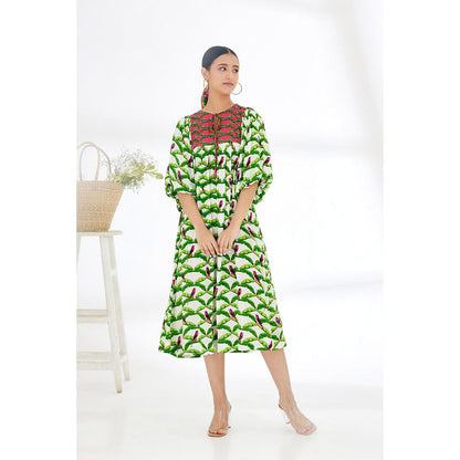 Nikasha Off White & Green Hand Painted Parakeet Print Dress