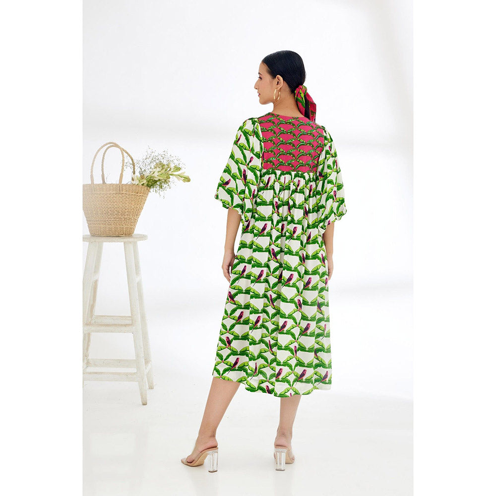 Nikasha Off White & Green Hand Painted Parakeet Print Dress