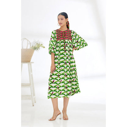 Nikasha Off White & Green Hand Painted Parakeet Print Dress