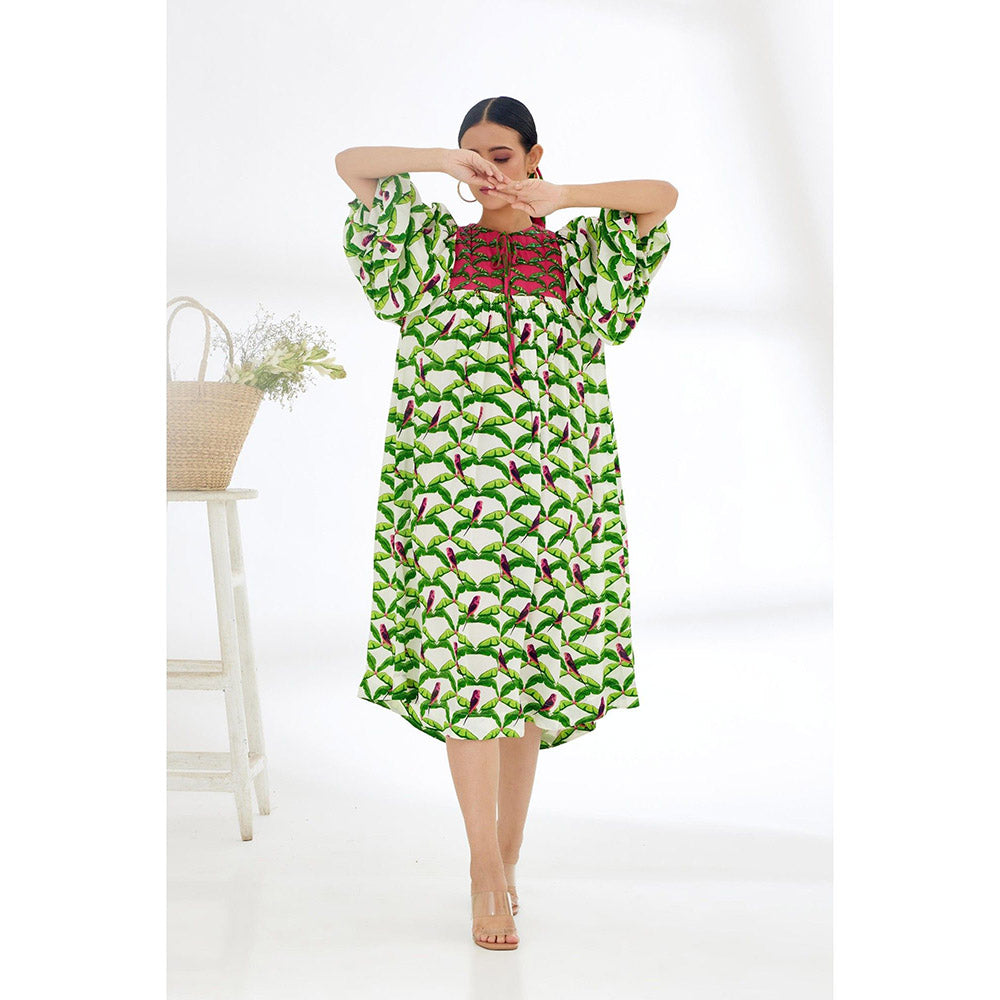 Nikasha Off White & Green Hand Painted Parakeet Print Dress