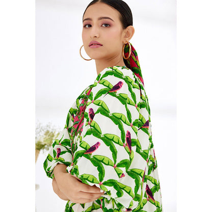 Nikasha Off White & Green Hand Painted Parakeet Print Dress