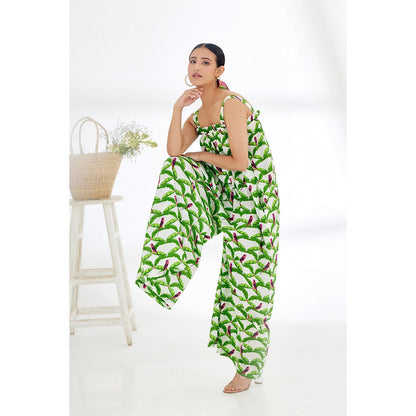 Nikasha White & Green Hand Painted Parakeet Print Jumpsuit